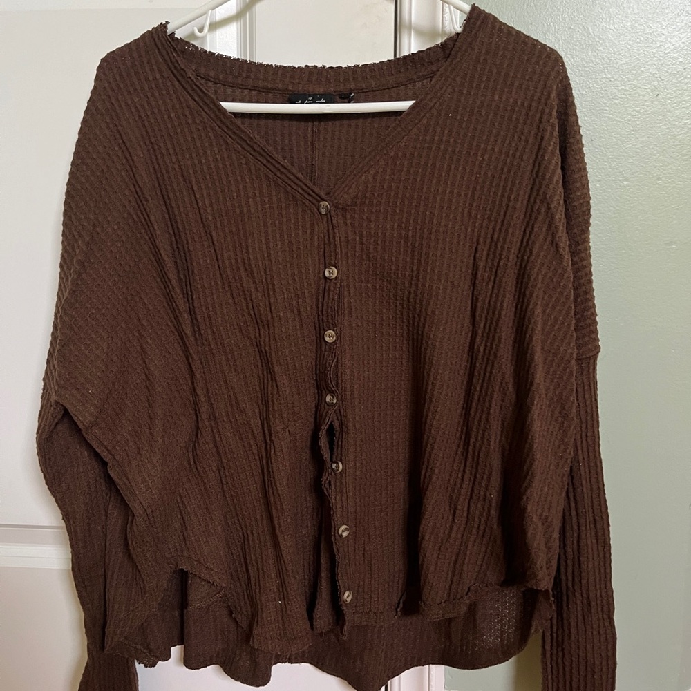 small brown out from under button up sweatshirt, waffle knit, light